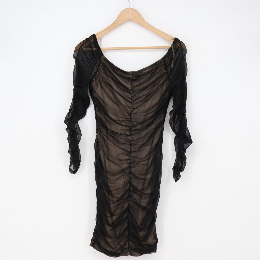 Charlotte Russe Dress Womens M Black Ruched Mesh Bodycon Long Sleeve Good