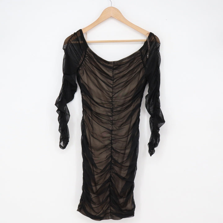 Charlotte Russe Dress Womens M Black Ruched Mesh Bodycon Long Sleeve Good