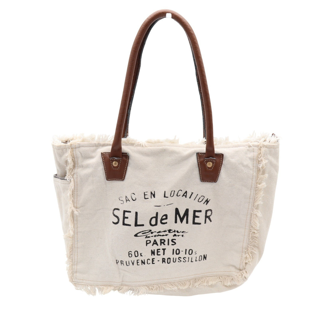 Creative Leather Art Sel de Mer Paris Canvas Tote Bag Cream Brown Frayed Edge