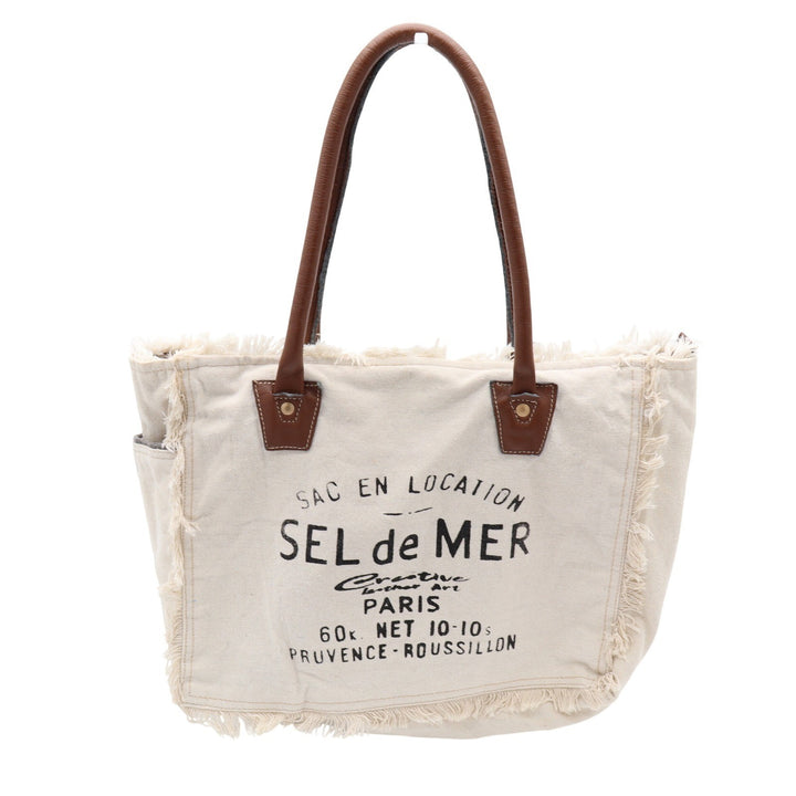 Creative Leather Art Sel de Mer Paris Canvas Tote Bag Cream Brown Frayed Edge