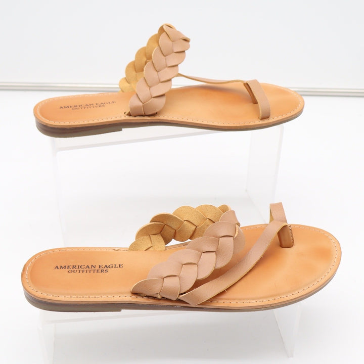 American Eagle Womens Tan Braided Toe Loop Flat Slide Sandals Size 10