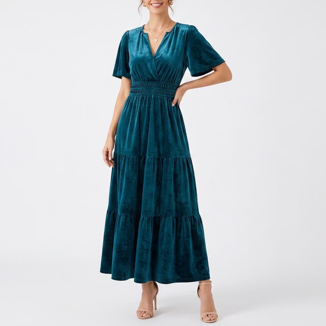Teal Blue Velvet Maxi Dress V-Neck Smocked Waist Tiered Flutter Sleeve Small