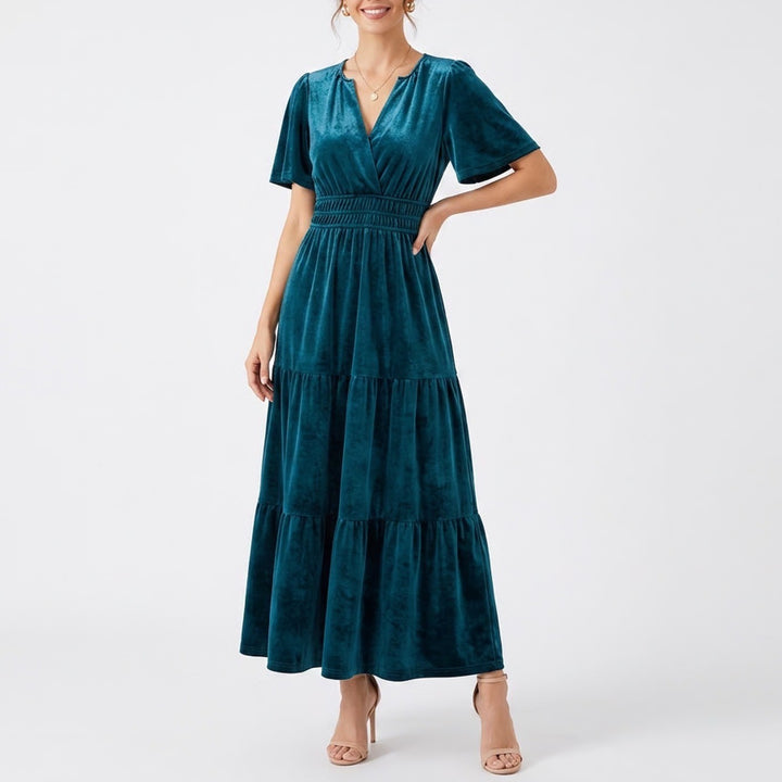 Teal Blue Velvet Maxi Dress V-Neck Smocked Waist Tiered Flutter Sleeve Small