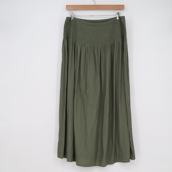 J. Jill Olive Green Smocked Waist Midi Skirt Womens Size Medium Relaxed Fit Boho