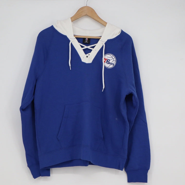 NBA Philadelphia 76ers Lace Up Hoodie Large Blue White Raglan Sweatshirt