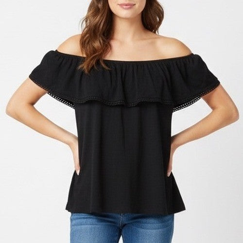 Old Navy Blouse Top Womens Medium Black Cotton Pleated Off the Shoulder Outdoor
