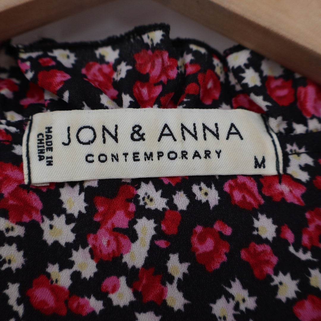 Jon & Anna Contemporary Red Floral Ruffle Shoulder Blouse Medium Long Sleeve