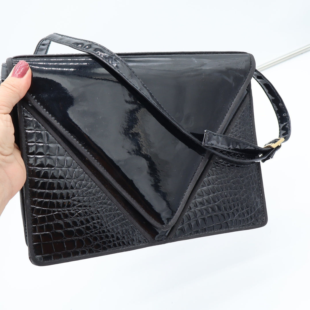 Ande Shoulder Bag Womens OS Vintage Patent Croc Embossed Black Envelope