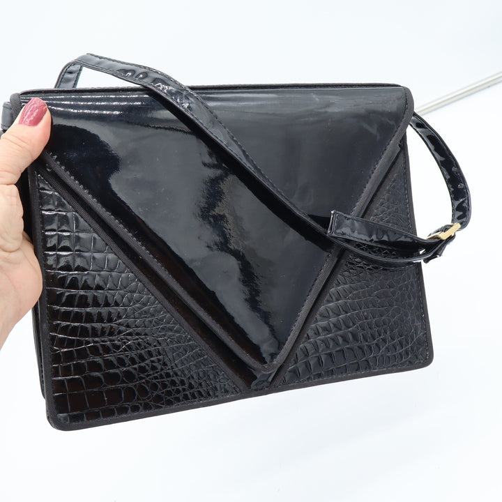 Ande Shoulder Bag Womens OS Vintage Patent Croc Embossed Black Envelope