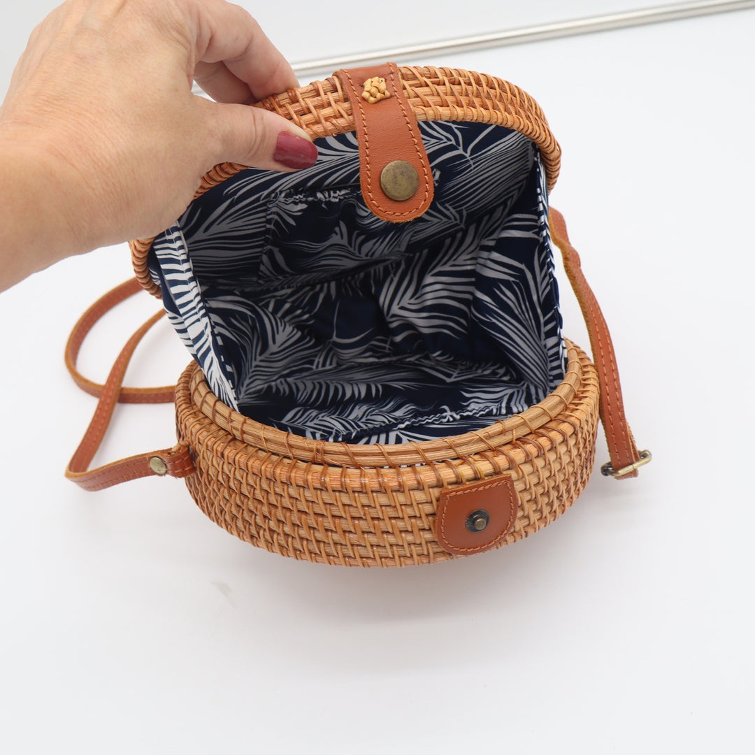 Unbranded Rattan Crossbody Bag Womens OS Round Woven Brown Boho Excellent