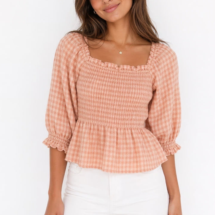 Max Studio Blouse Womens XL Blush Checked Smocked Square Neck Balloon Sleeve