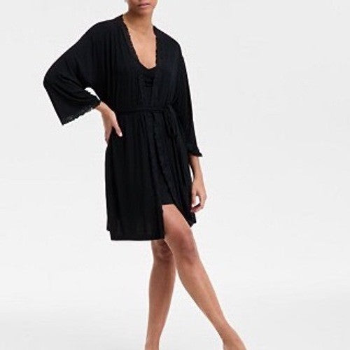 INC International Concepts Intimates Wrap Robe Womens 1X Black Knit Lace-Trim