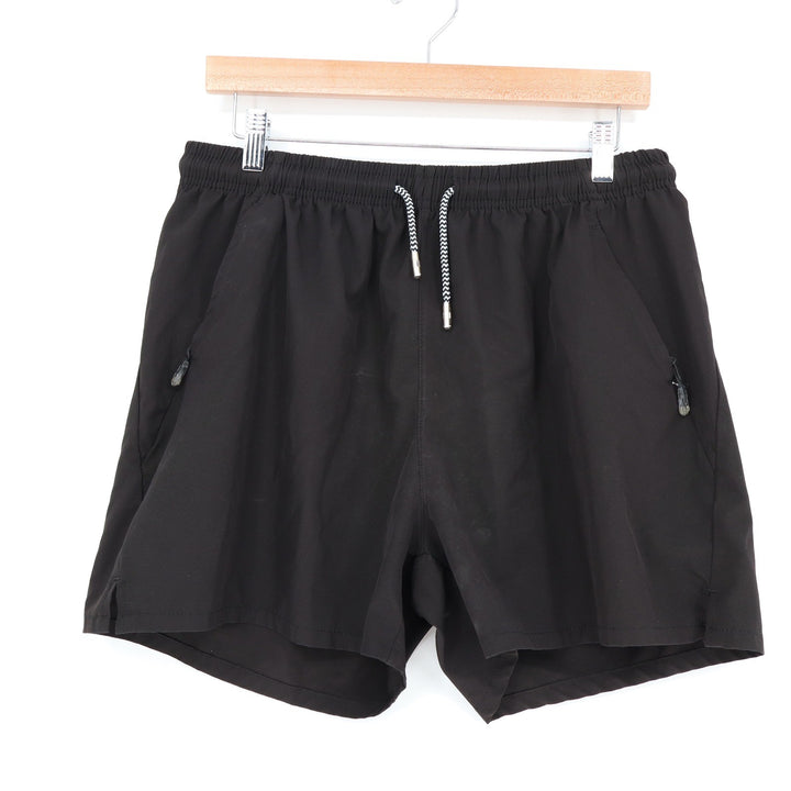 Mens Black Athletic Running Shorts Zipper Pockets Drawstring Gym Training