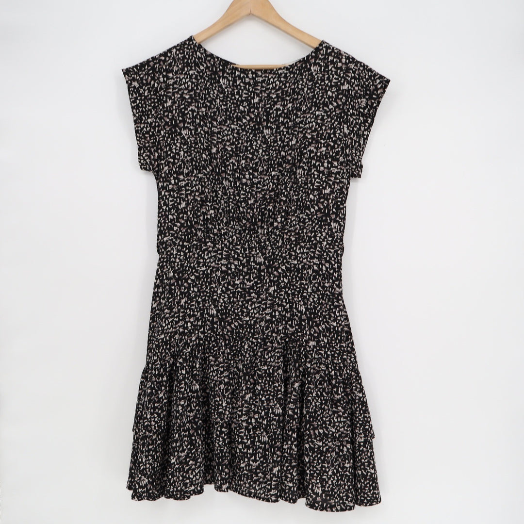 She + Sky Black Tan Abstract Print Tiered Ruffle Mini Dress Size M