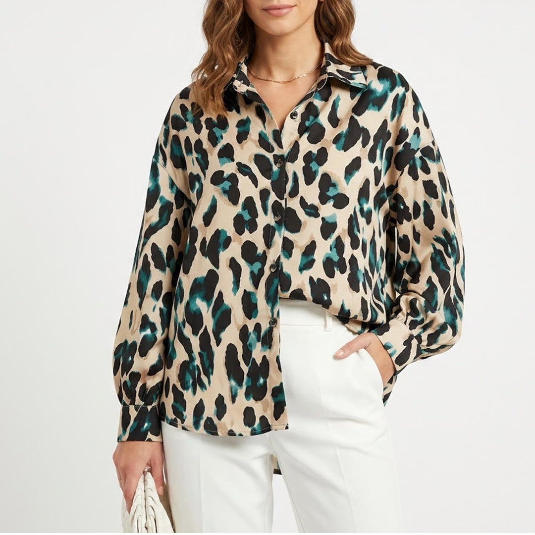 Shein Curve Shirt Womens 1XL Multi Leopard Long Sleeve Spread Collar Button Up