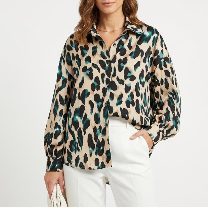 Shein Curve Shirt Womens 1XL Multi Leopard Long Sleeve Spread Collar Button Up