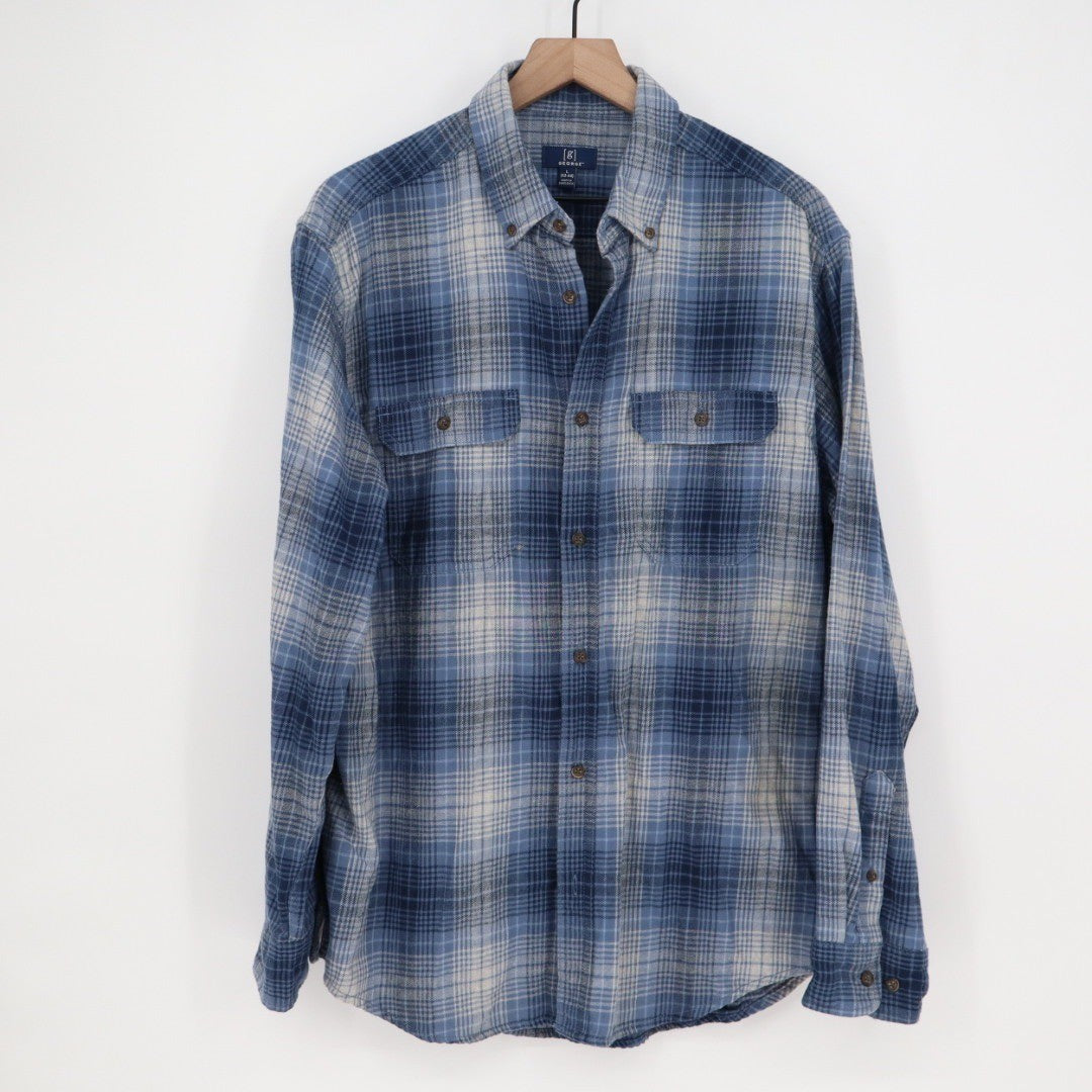 George Plaid Flannel Shirt Long Sleeve Button Down Blue Men's Size L