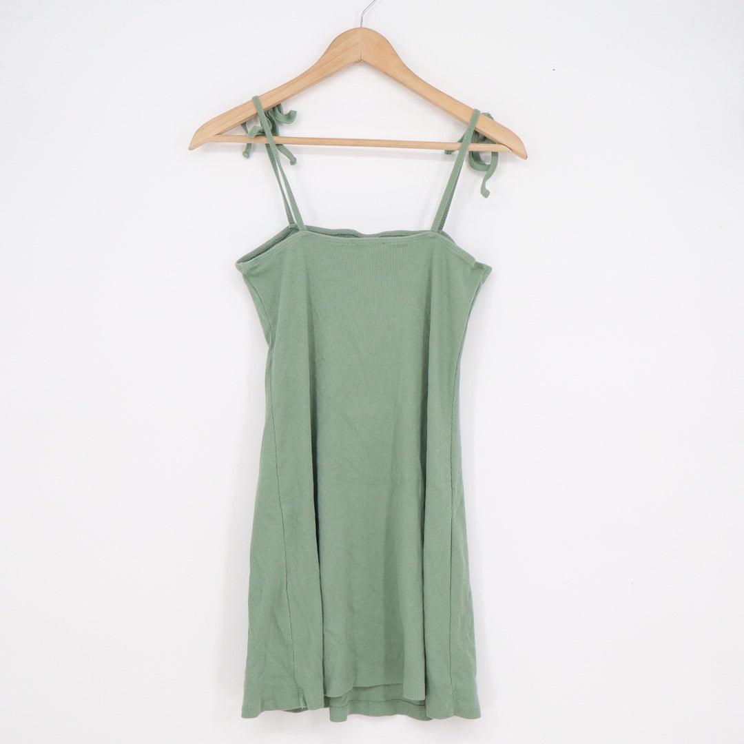 Forever 21 Sage Green Ribbed Tie Strap Mini Dress Large Sleeveless Cotton Blend