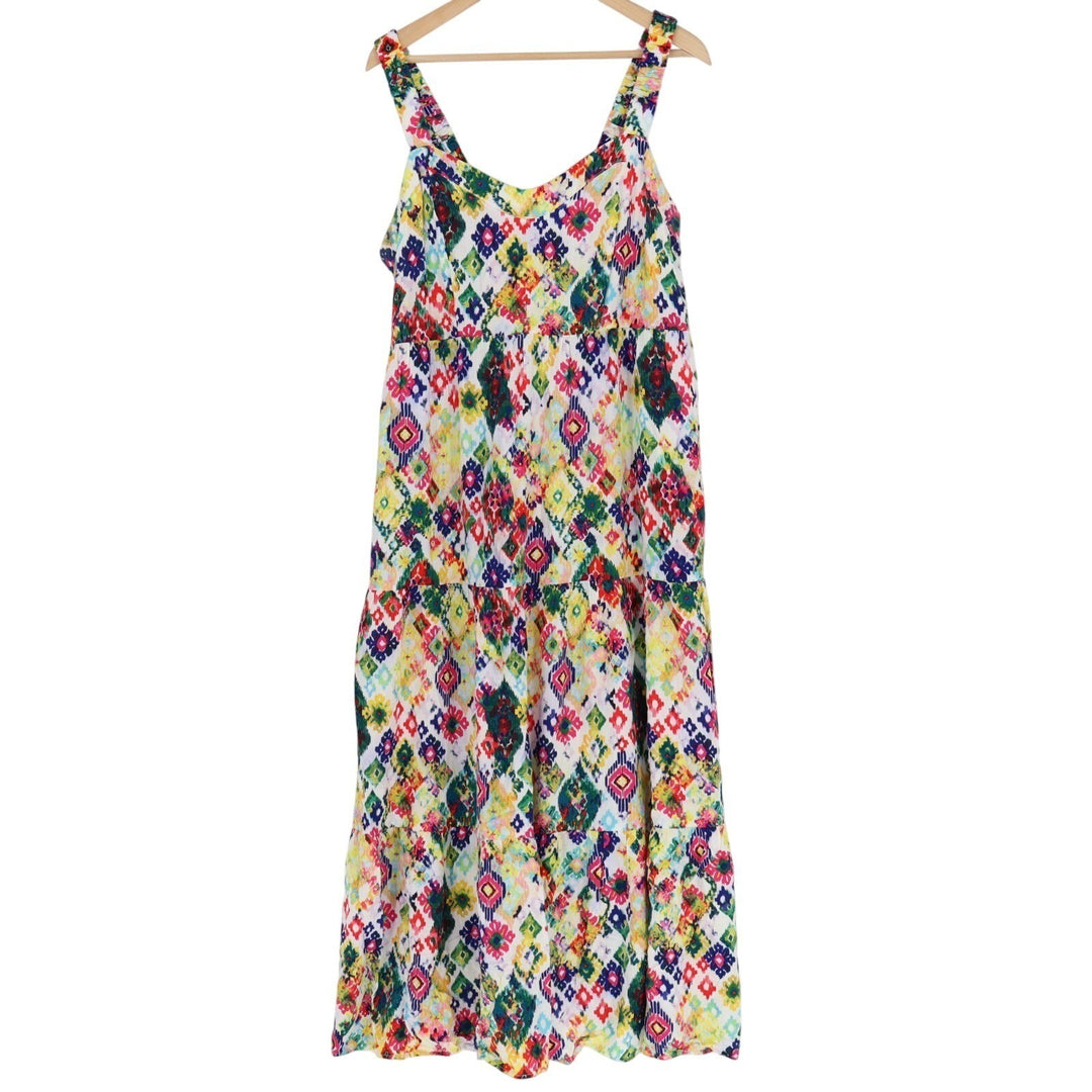 Terra & Sky Maxi Dress Womens 0X (14W) Multicolor Geometric Pleated Smocked Back