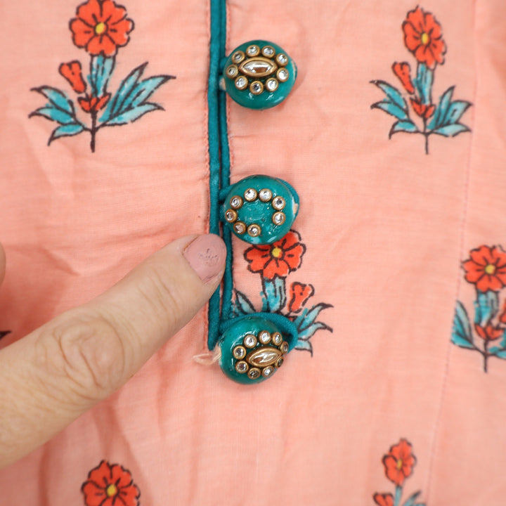 Peach Floral Cotton Kurta Tunic 3/4 Sleeve Teal Trim Rhinestone Buttons 15x39