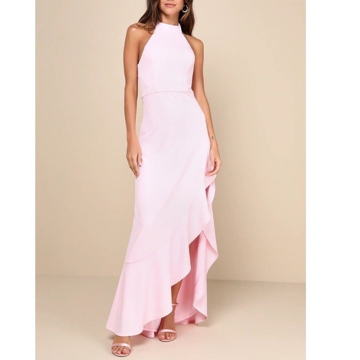 Lulus Majestic Perfection Maxi Dress Womens M Light Pink Ruffled Hem Halter Neck