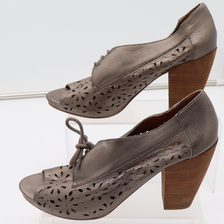 Lucky Brand Peony Metallic Pewter Leather Peep Toe Block Heel Booties 9.5