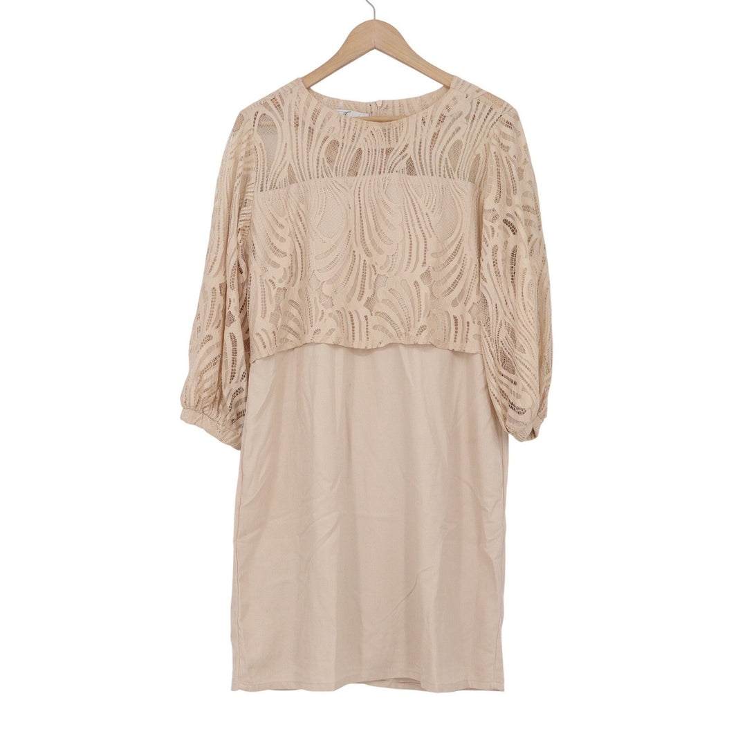 K Beige Lace Overlay Sheath Dress 3/4 Balloon Sleeve Round Neck Size L