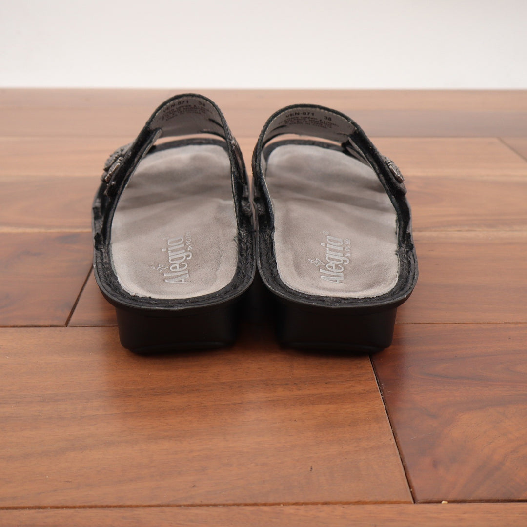 Alegria Venice Black Embossed Rose Leather Slide Sandals VEN-871 Size 38