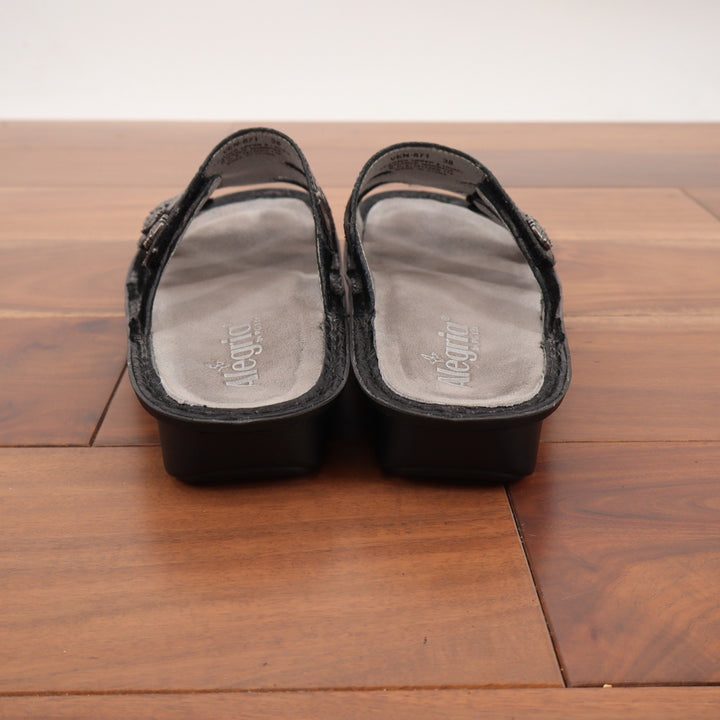 Alegria Venice Black Embossed Rose Leather Slide Sandals VEN-871 Size 38