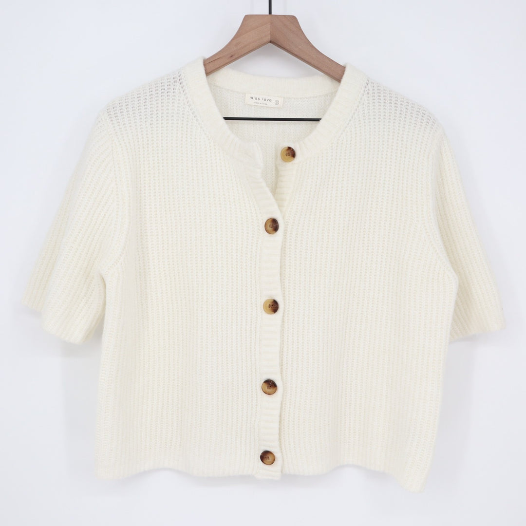 Miss Love Cardigan Crop Sweater Womens S White Waffle Knit Stretch Short Sleeve