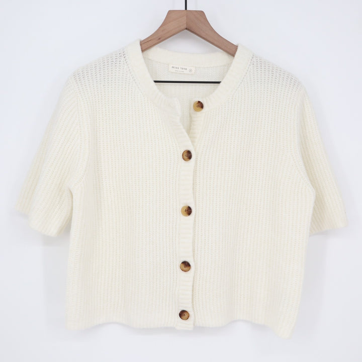 Miss Love Cardigan Crop Sweater Womens S White Waffle Knit Stretch Short Sleeve