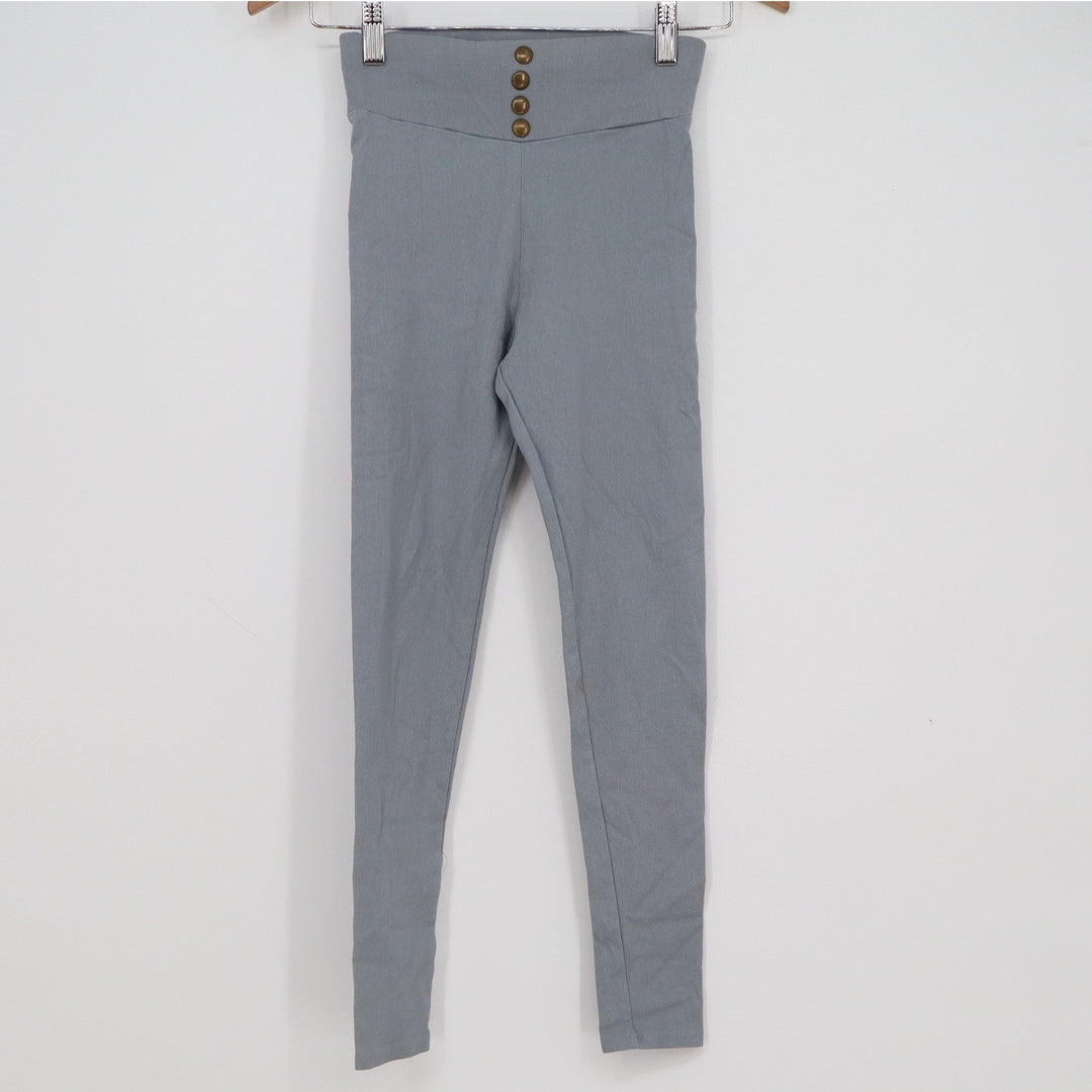 Nanjiren Womens High Waist Button Front Leggings Grey Blue Skinny Pants Size M