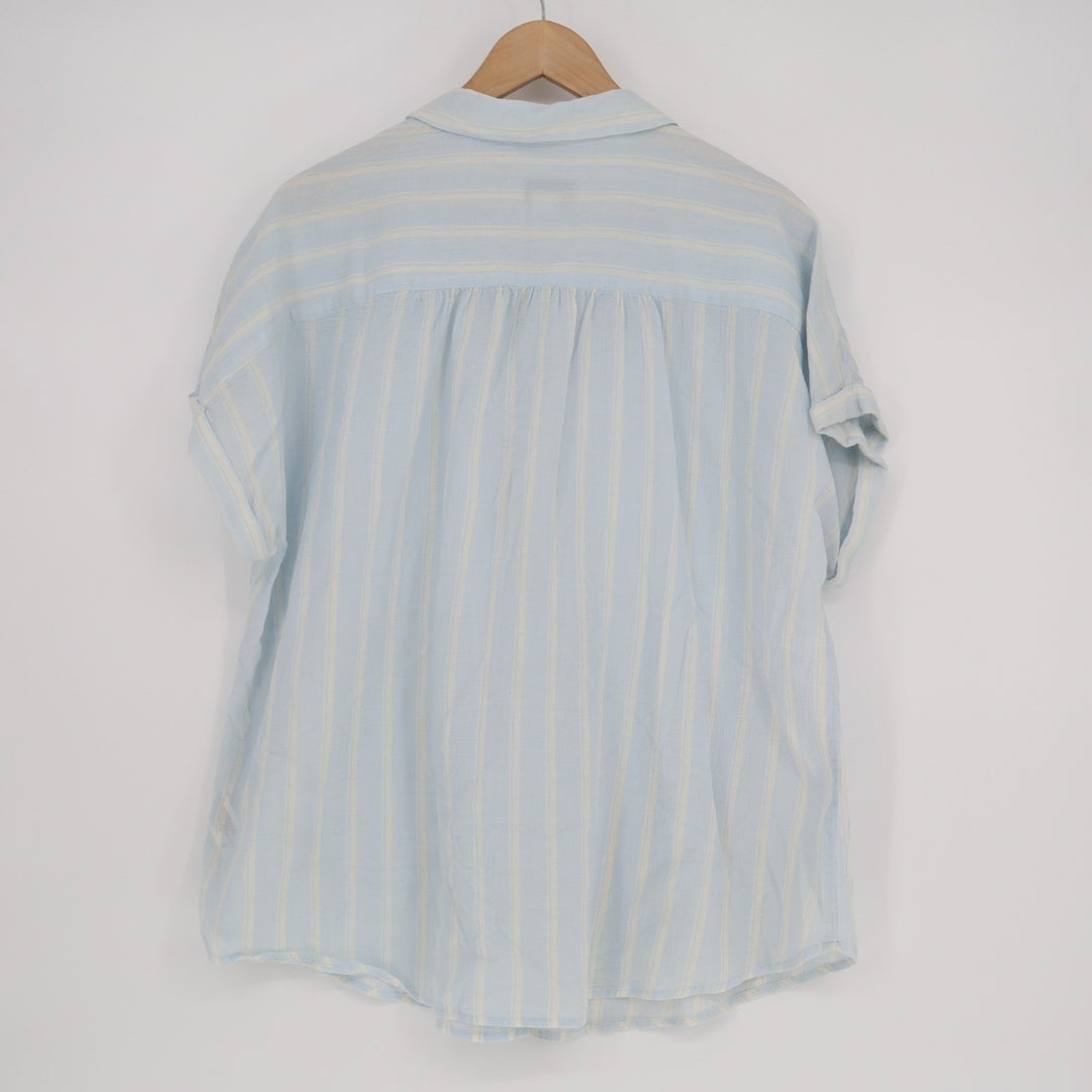 Ava & Viv Shirt Womens 1X Blue White Vertical Striped Short Sleeve Button Up