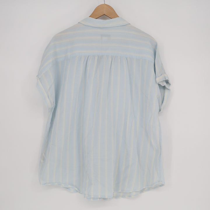 Ava & Viv Shirt Womens 1X Blue White Vertical Striped Short Sleeve Button Up