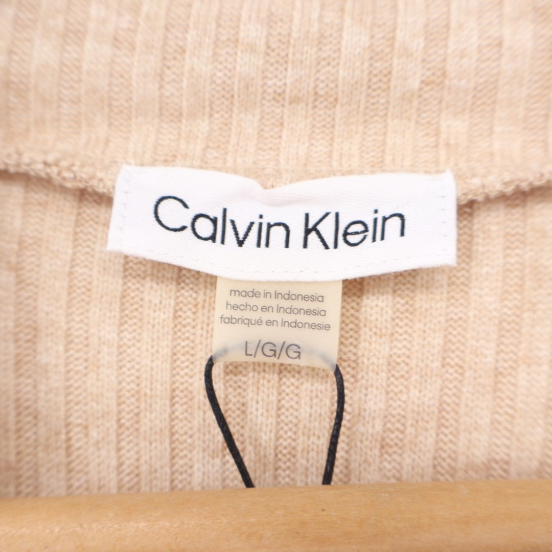 Calvin Klein Womens Ribbed Mock Neck Elbow Sleeve Top Oatmeal Beige L