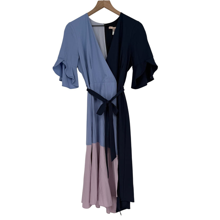 B Sussman Colorblock Wrap Midi Dress Navy Blue Periwinkle Pink Size M