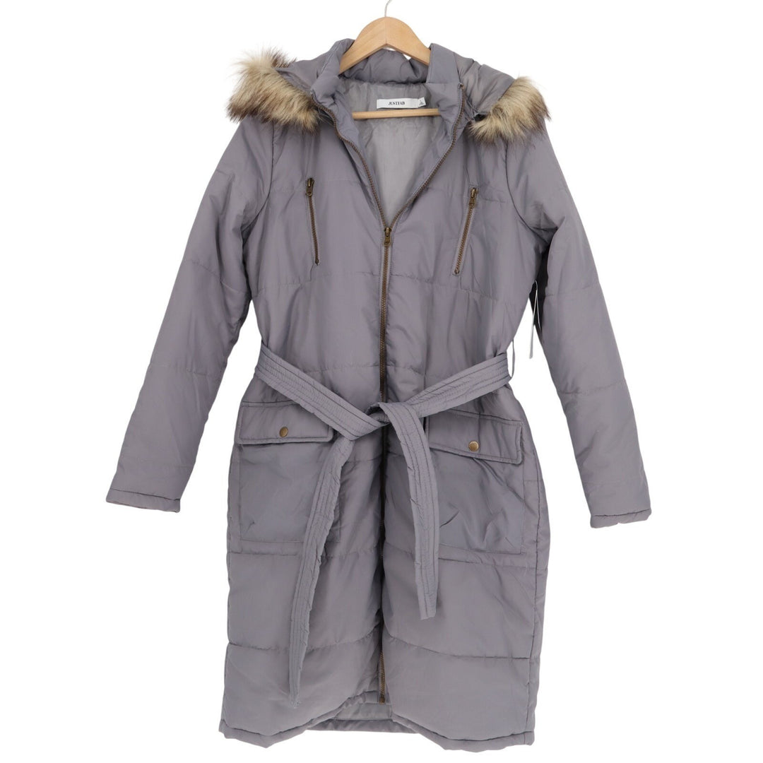 JustFab Puffer Coat Women's Large Gray Belted Faux Fur Hood Winter Full Zip Long