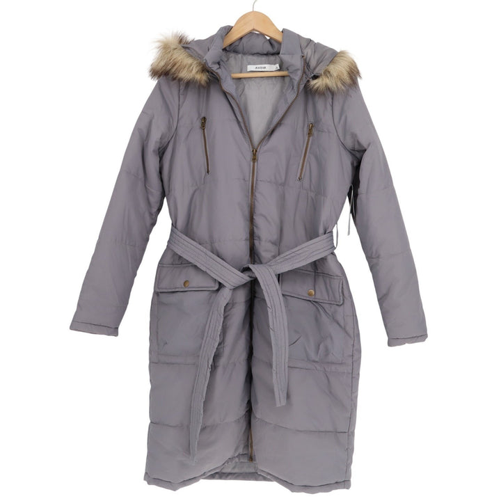 JustFab Puffer Coat Women's Large Gray Belted Faux Fur Hood Winter Full Zip Long