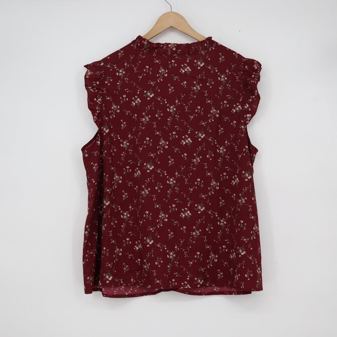 SHEIN Curve 4XL Burgundy Ditsy Floral Ruffle Neck Cap Sleeve Button Front Blouse