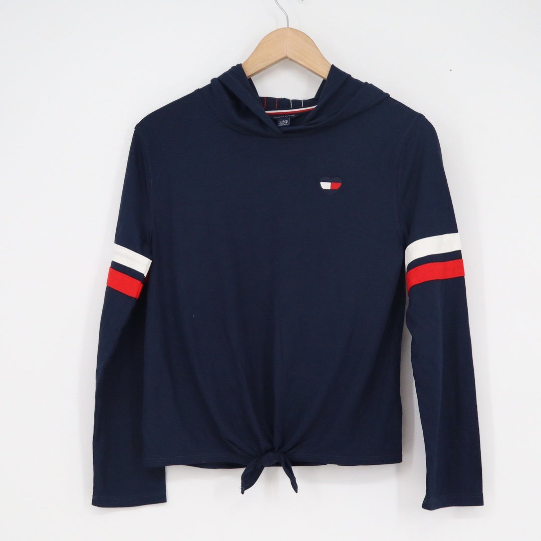 Tommy Hilfiger Girls Navy Blue Tie Front Hoodie Heart Logo Stripe L 12/14