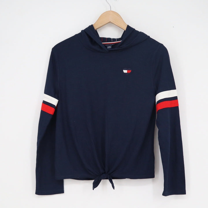 Tommy Hilfiger Girls Navy Blue Tie Front Hoodie Heart Logo Stripe L 12/14