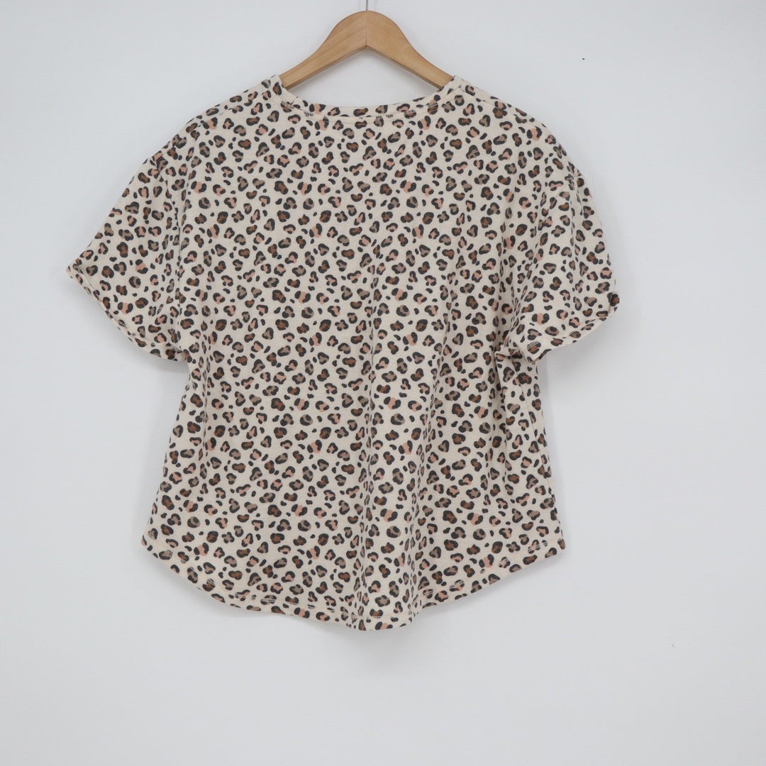Roudelain Womens XL Leopard Print Short Sleeve Crew Neck Knit Top Tan Brown