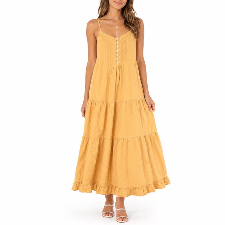 Kuini Collection Mustard Yellow Boho Tiered Midi Dress Small Rayon Button Front