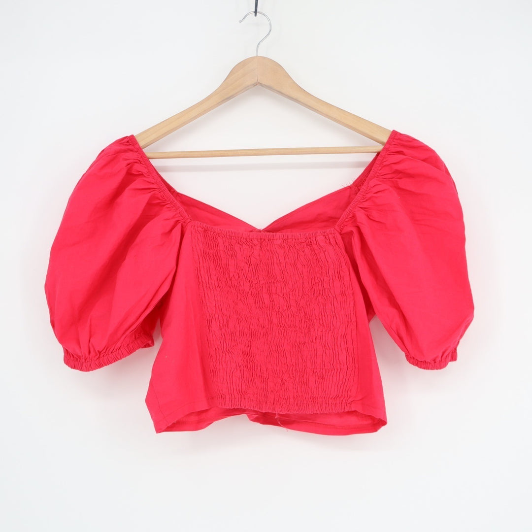 Sim & Sam Crop Top Womens XL Red Cotton Square Neck Smocked Back Balloon Sleeve