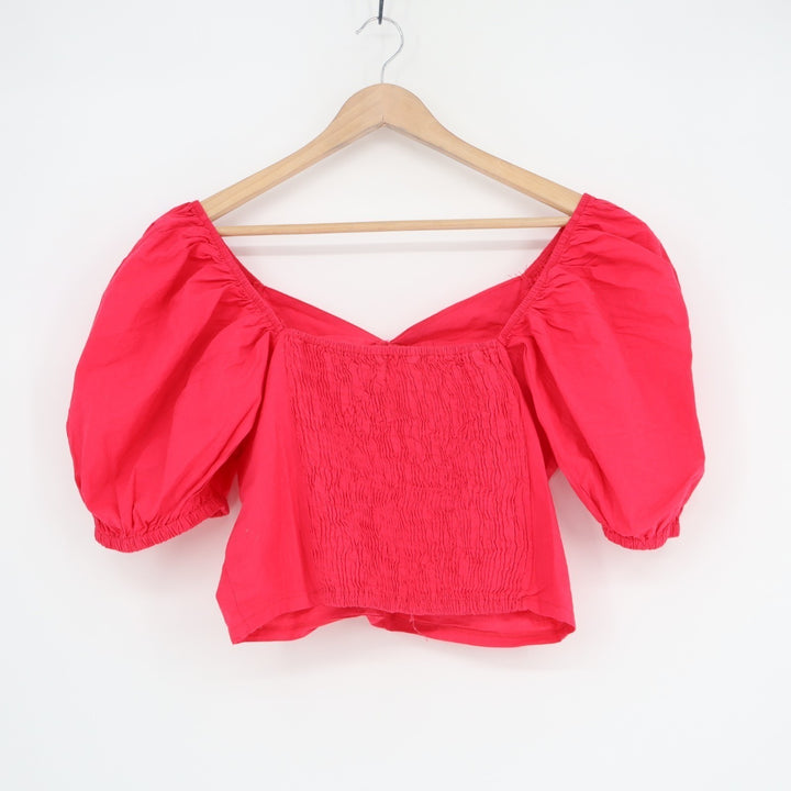 Sim & Sam Crop Top Womens XL Red Cotton Square Neck Smocked Back Balloon Sleeve