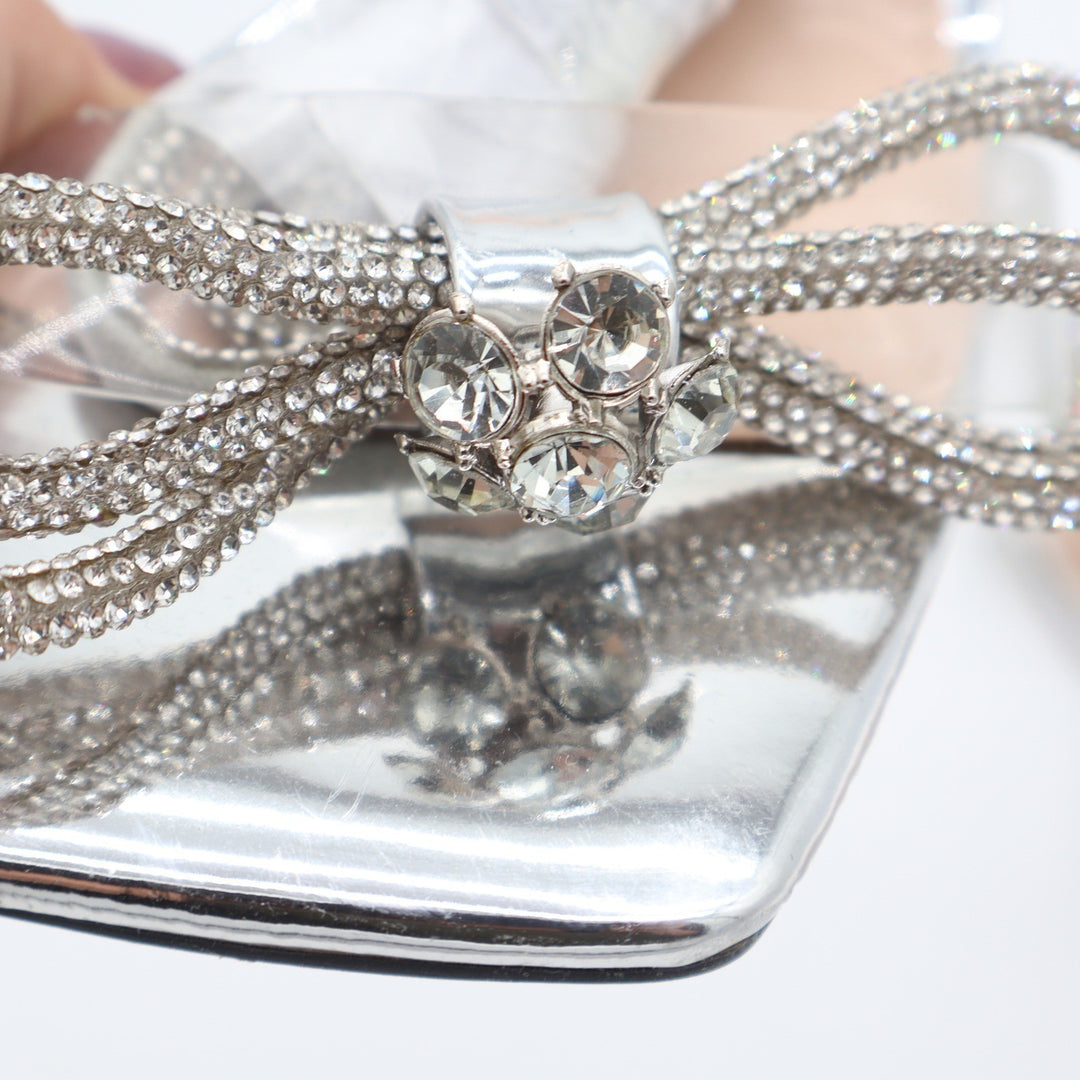 Silver Rhinestone Double Bow Wrap Around Square Toe Stiletto Heels Size 9