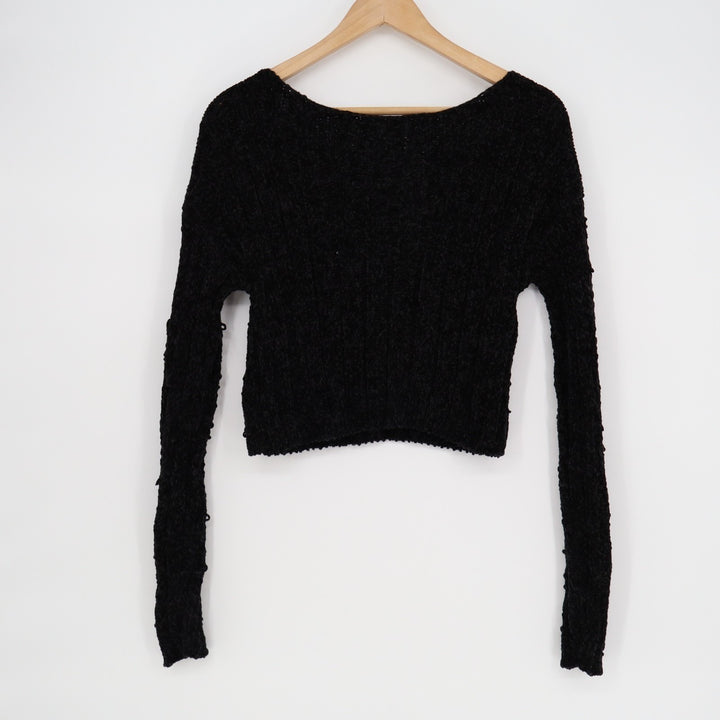Hyfve Cropped Sweater Womens Large Black Long Sleeve Boat Neck Ribbed Knit Cozy