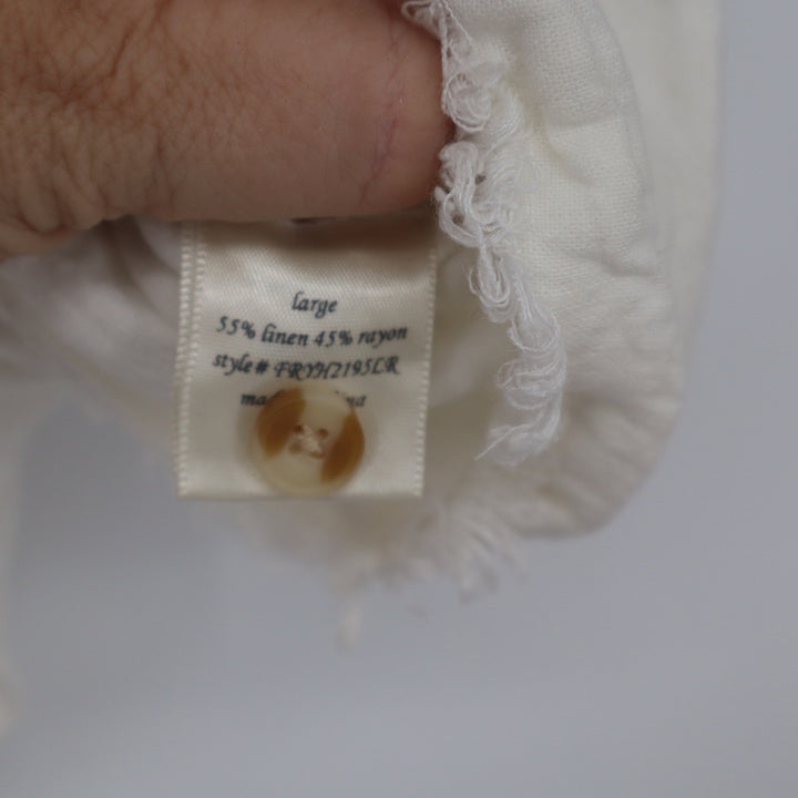 Harper Heritage White Linen Blend Button Back Frayed Crop Top L