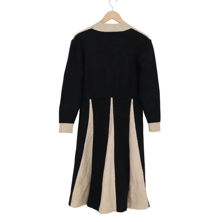 Unbranded Black Tan Colorblock Knit Midi Dress Mock Neck Long Sleeve A-Line