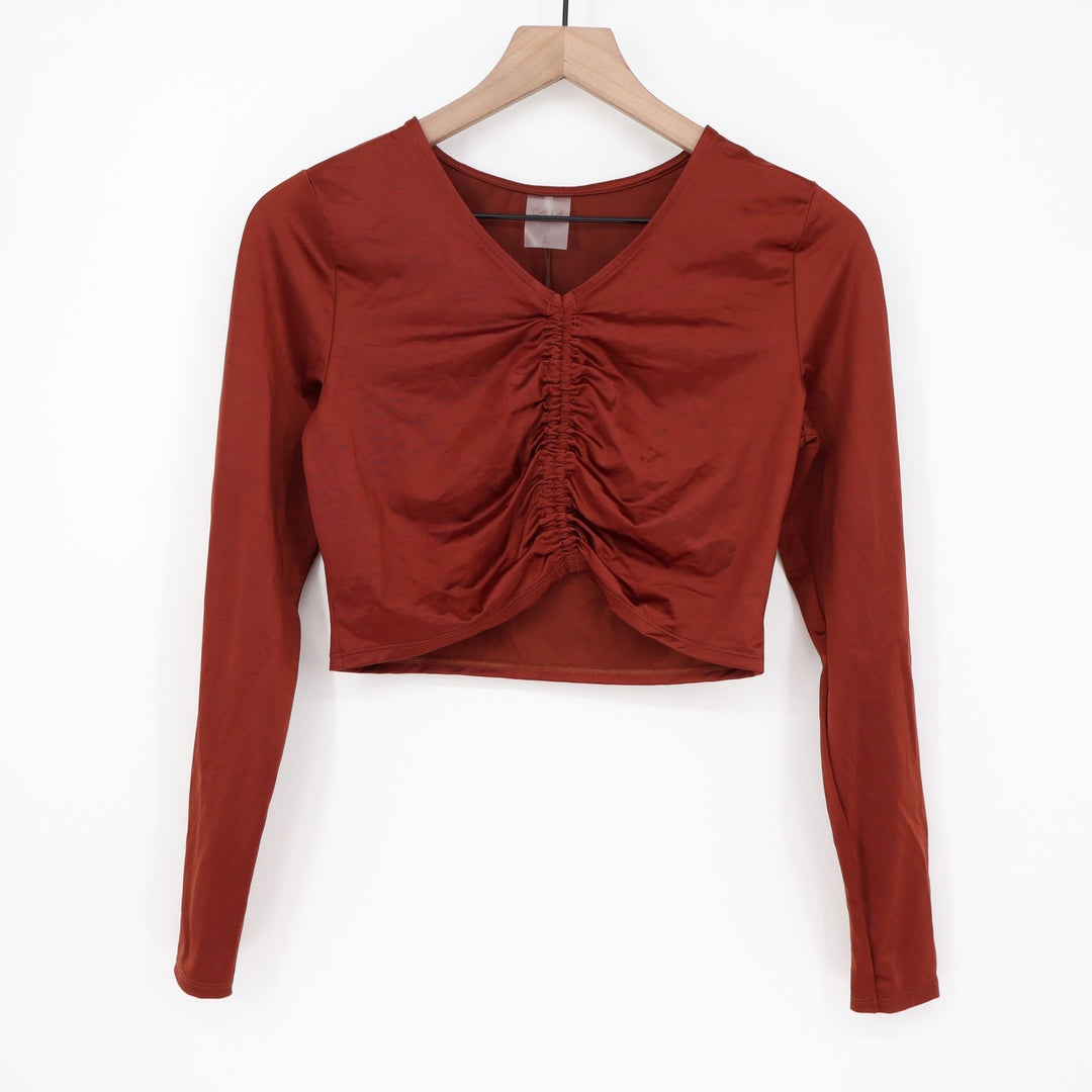 Calia Womens Ruched Rashguard Red Brown Shine Long Sleeve Crop Swim Top S